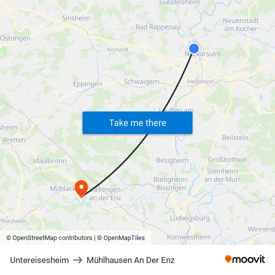 Untereisesheim to Mühlhausen An Der Enz map