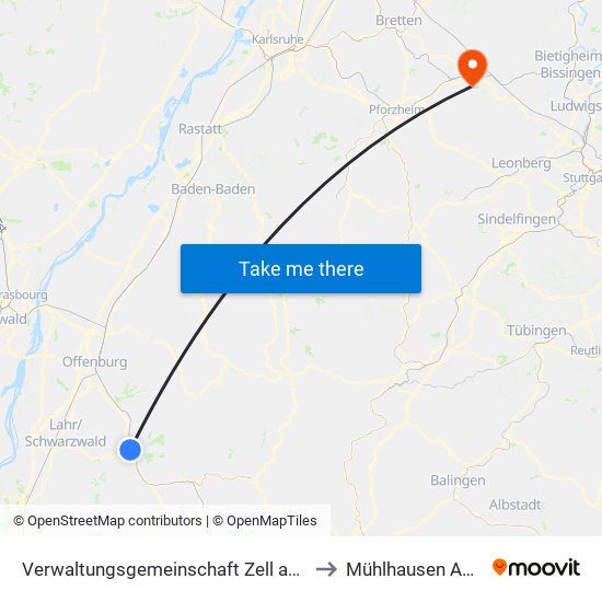 Verwaltungsgemeinschaft Zell am Harmersbach to Mühlhausen An Der Enz map