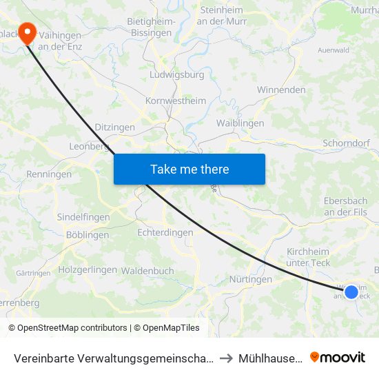 Vereinbarte Verwaltungsgemeinschaft Der Stadt Weilheim An Der Teck to Mühlhausen An Der Enz map