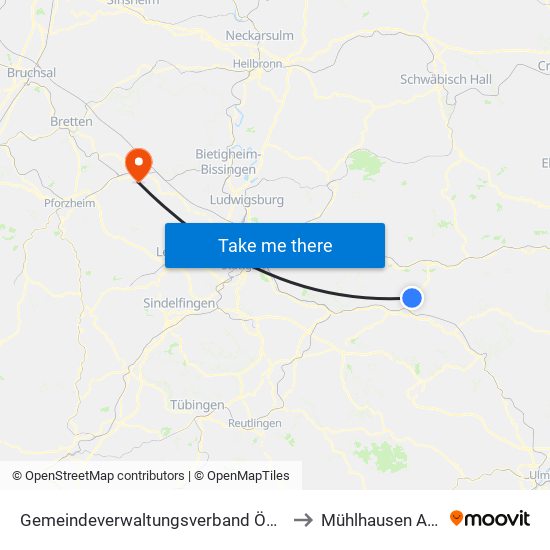 Gemeindeverwaltungsverband Östlicher Schurwald to Mühlhausen An Der Enz map