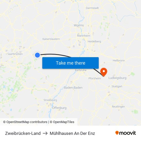 Zweibrücken-Land to Mühlhausen An Der Enz map
