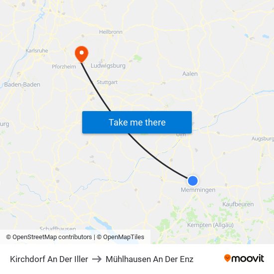 Kirchdorf An Der Iller to Mühlhausen An Der Enz map