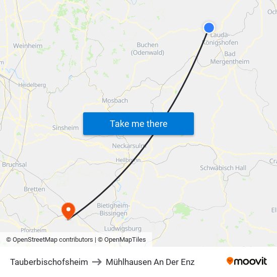 Tauberbischofsheim to Mühlhausen An Der Enz map