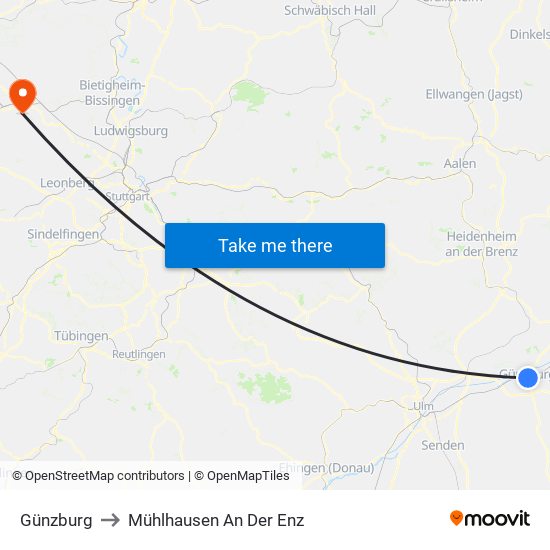 Günzburg to Mühlhausen An Der Enz map