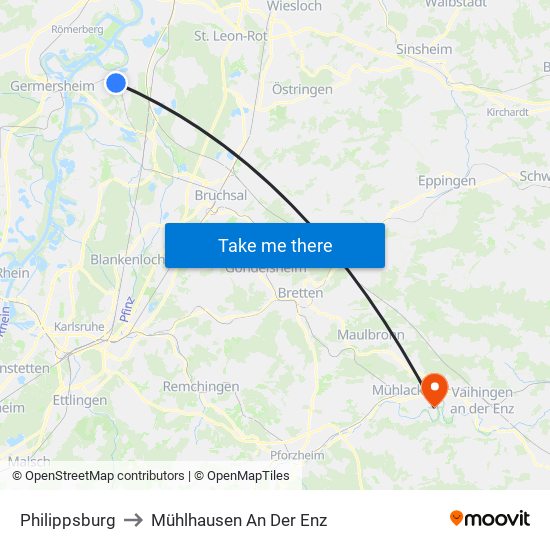 Philippsburg to Mühlhausen An Der Enz map