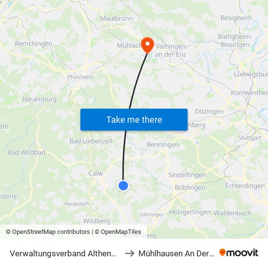 Verwaltungsverband Althengstett to Mühlhausen An Der Enz map