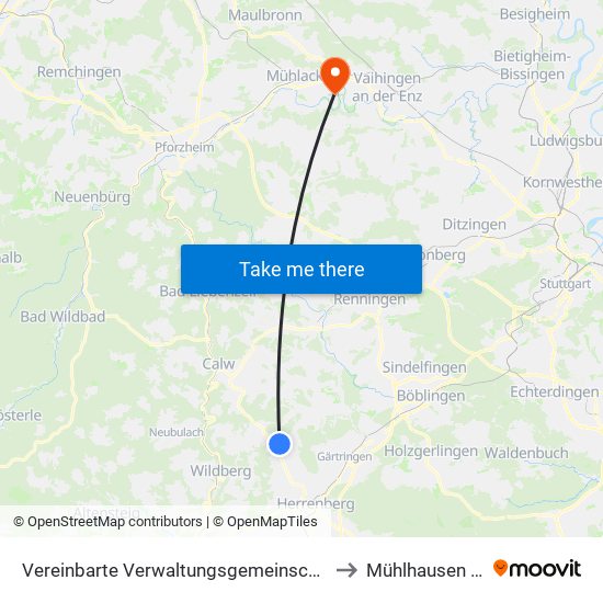 Vereinbarte Verwaltungsgemeinschaft Der Stadt Herrenberg to Mühlhausen An Der Enz map