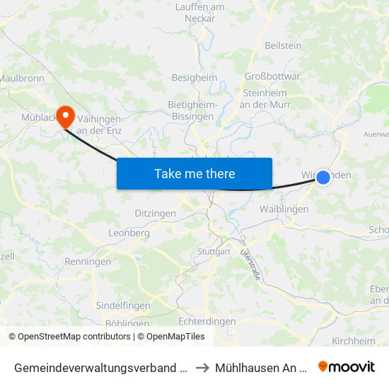 Gemeindeverwaltungsverband Winnenden to Mühlhausen An Der Enz map
