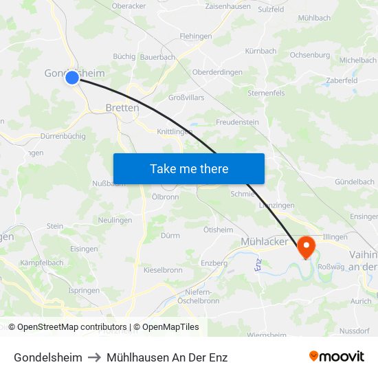 Gondelsheim to Mühlhausen An Der Enz map