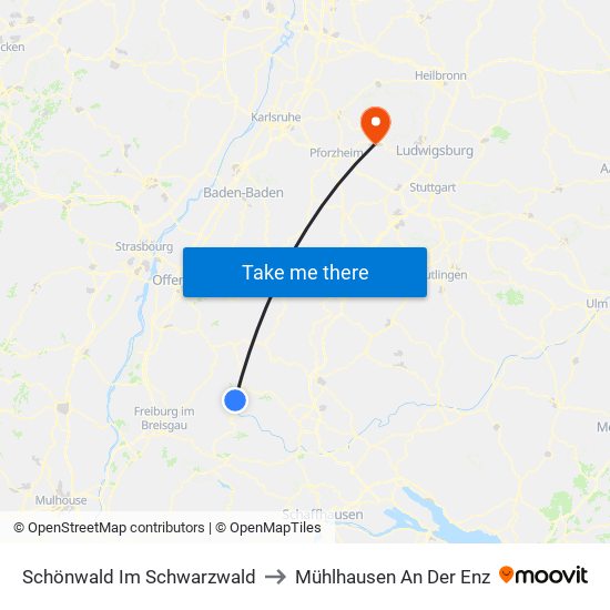 Schönwald Im Schwarzwald to Mühlhausen An Der Enz map