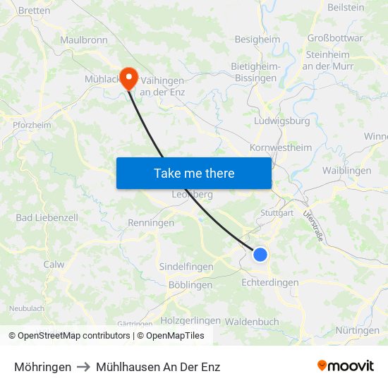 Möhringen to Mühlhausen An Der Enz map