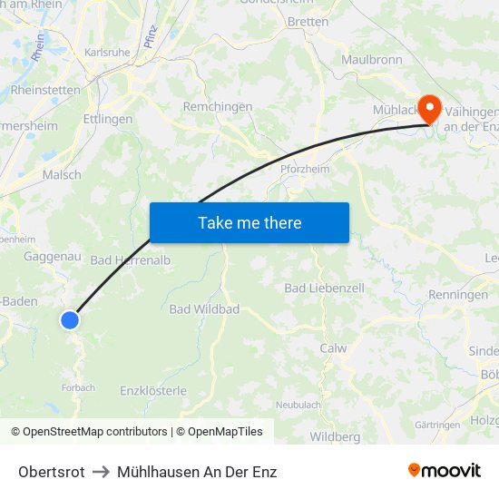 Obertsrot to Mühlhausen An Der Enz map