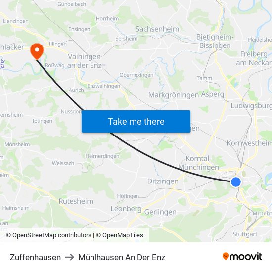 Zuffenhausen to Mühlhausen An Der Enz map