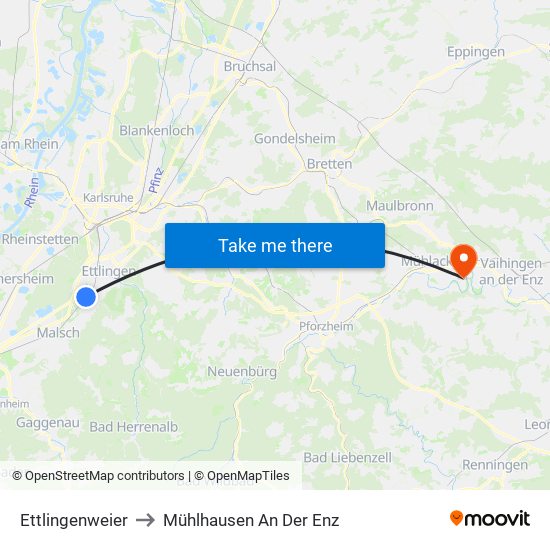 Ettlingenweier to Mühlhausen An Der Enz map