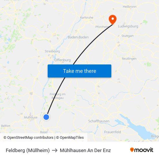 Feldberg (Müllheim) to Mühlhausen An Der Enz map