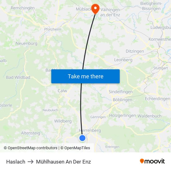 Haslach to Mühlhausen An Der Enz map