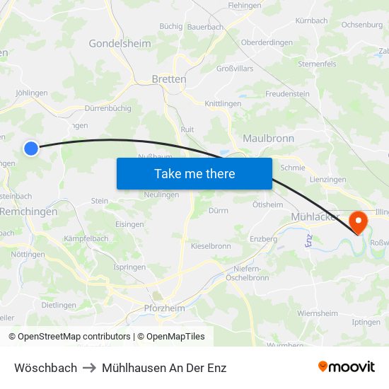 Wöschbach to Mühlhausen An Der Enz map