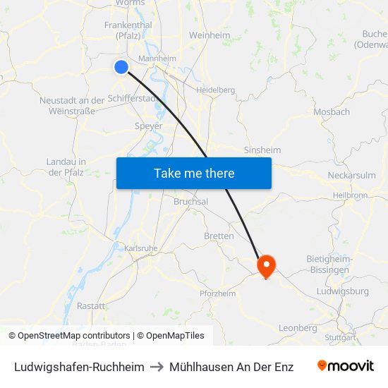 Ludwigshafen-Ruchheim to Mühlhausen An Der Enz map