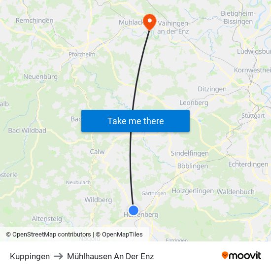 Kuppingen to Mühlhausen An Der Enz map