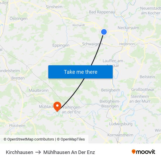 Kirchhausen to Mühlhausen An Der Enz map