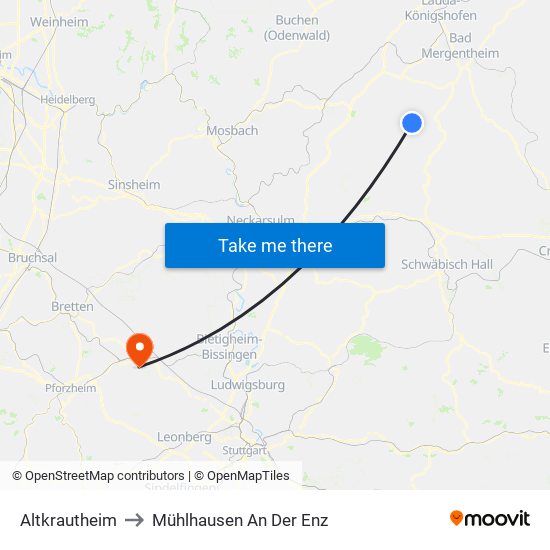 Altkrautheim to Mühlhausen An Der Enz map