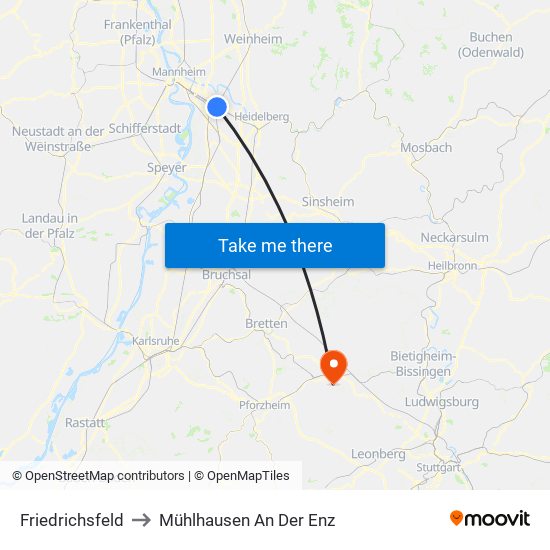 Friedrichsfeld to Mühlhausen An Der Enz map