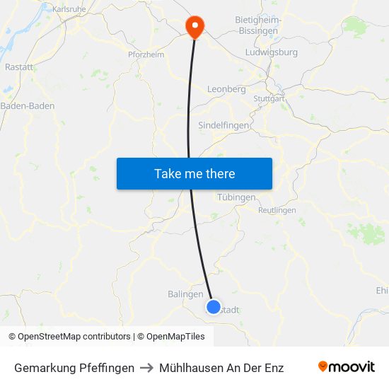 Gemarkung Pfeffingen to Mühlhausen An Der Enz map