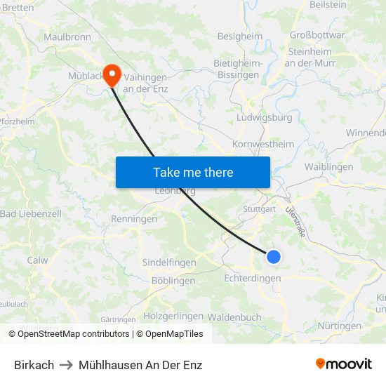 Birkach to Mühlhausen An Der Enz map