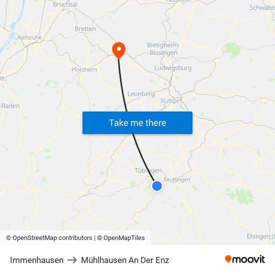 Immenhausen to Mühlhausen An Der Enz map