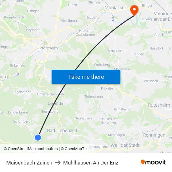 Maisenbach-Zainen to Mühlhausen An Der Enz map