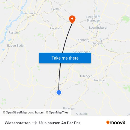 Wiesenstetten to Mühlhausen An Der Enz map