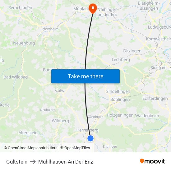 Gültstein to Mühlhausen An Der Enz map