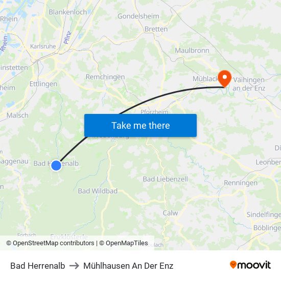 Bad Herrenalb to Mühlhausen An Der Enz map