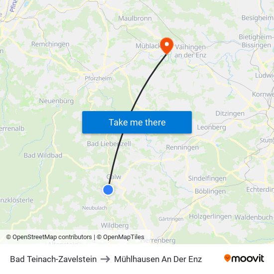 Bad Teinach-Zavelstein to Mühlhausen An Der Enz map