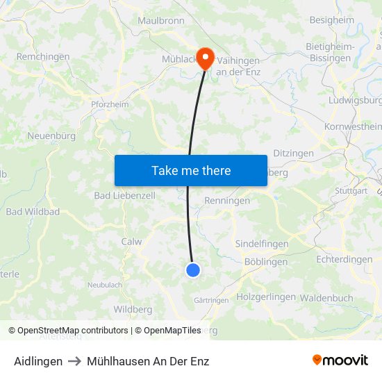 Aidlingen to Mühlhausen An Der Enz map