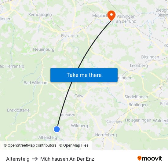 Altensteig to Mühlhausen An Der Enz map