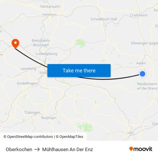Oberkochen to Mühlhausen An Der Enz map