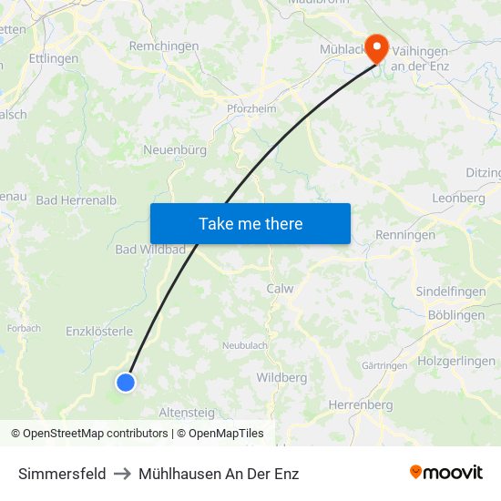 Simmersfeld to Mühlhausen An Der Enz map