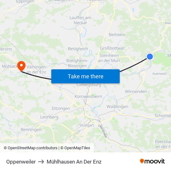 Oppenweiler to Mühlhausen An Der Enz map