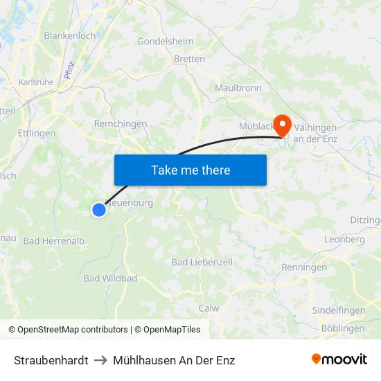 Straubenhardt to Mühlhausen An Der Enz map