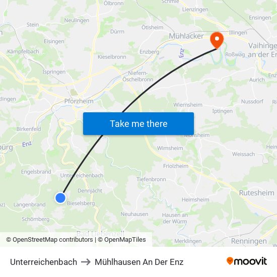 Unterreichenbach to Mühlhausen An Der Enz map