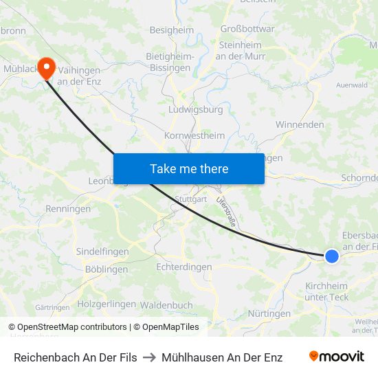 Reichenbach An Der Fils to Mühlhausen An Der Enz map