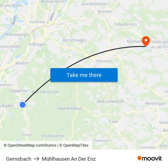 Gernsbach to Mühlhausen An Der Enz map
