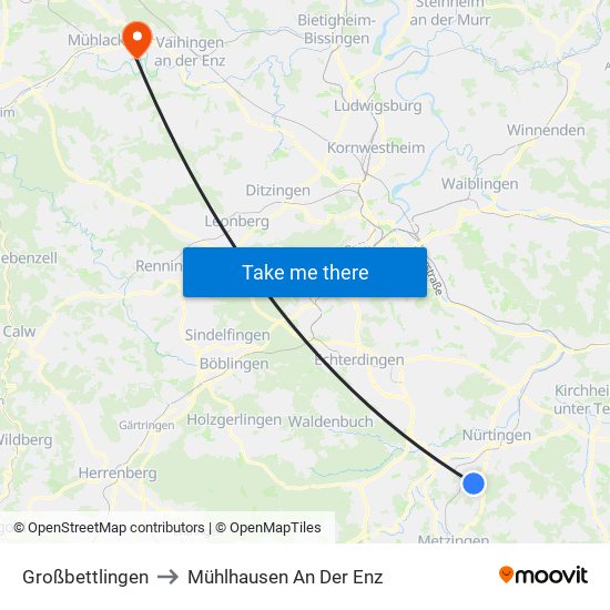 Großbettlingen to Mühlhausen An Der Enz map