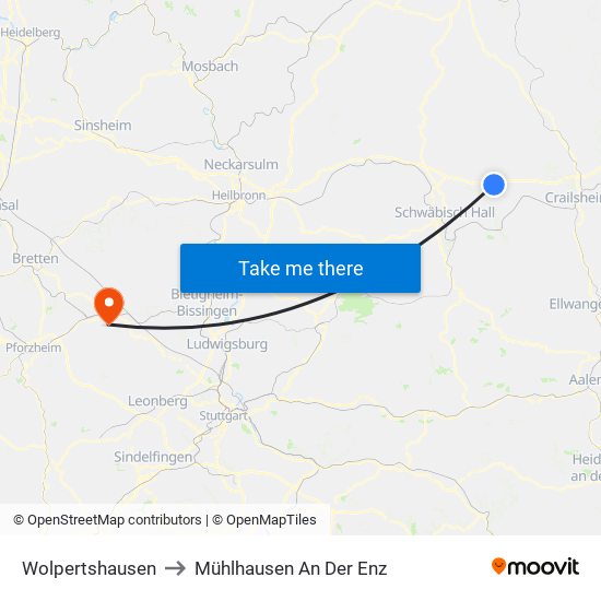 Wolpertshausen to Mühlhausen An Der Enz map
