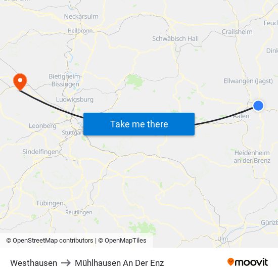 Westhausen to Mühlhausen An Der Enz map