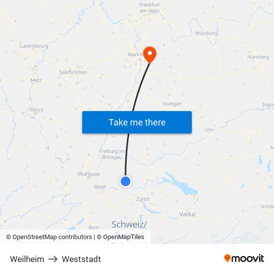 Weilheim to Weststadt map