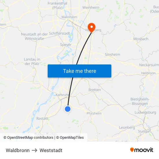 Waldbronn to Weststadt map