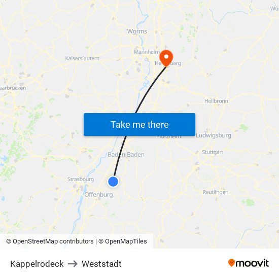 Kappelrodeck to Weststadt map