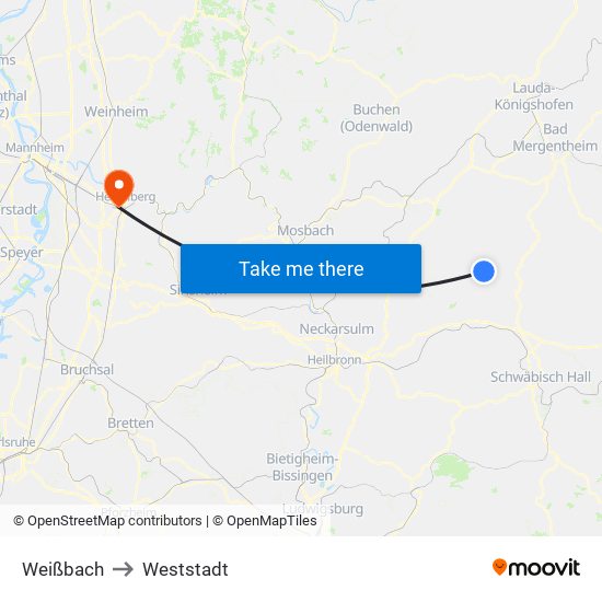 Weißbach to Weststadt map